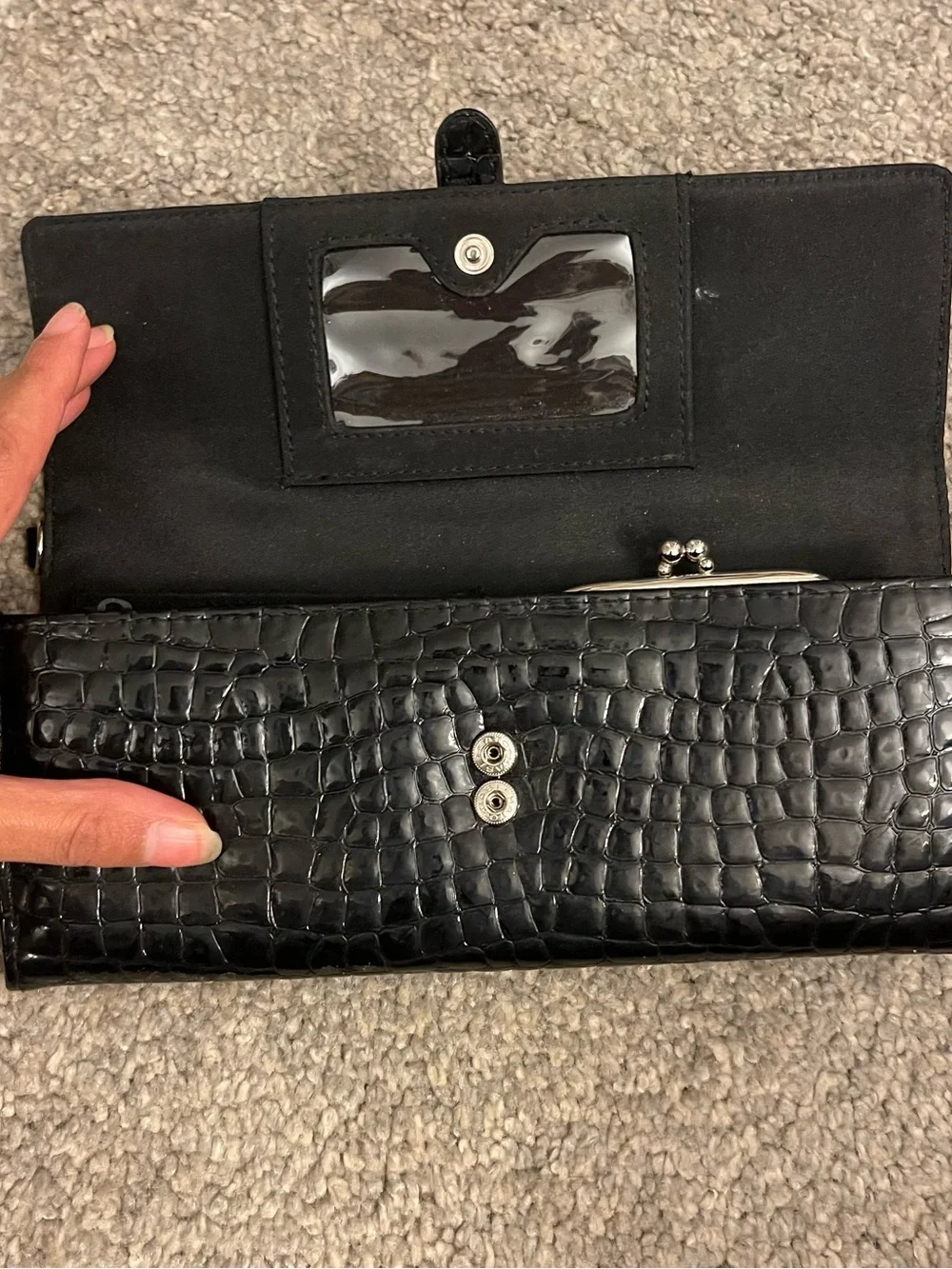 Black Croc-Embossed Leather Clutch with Silver Buckle